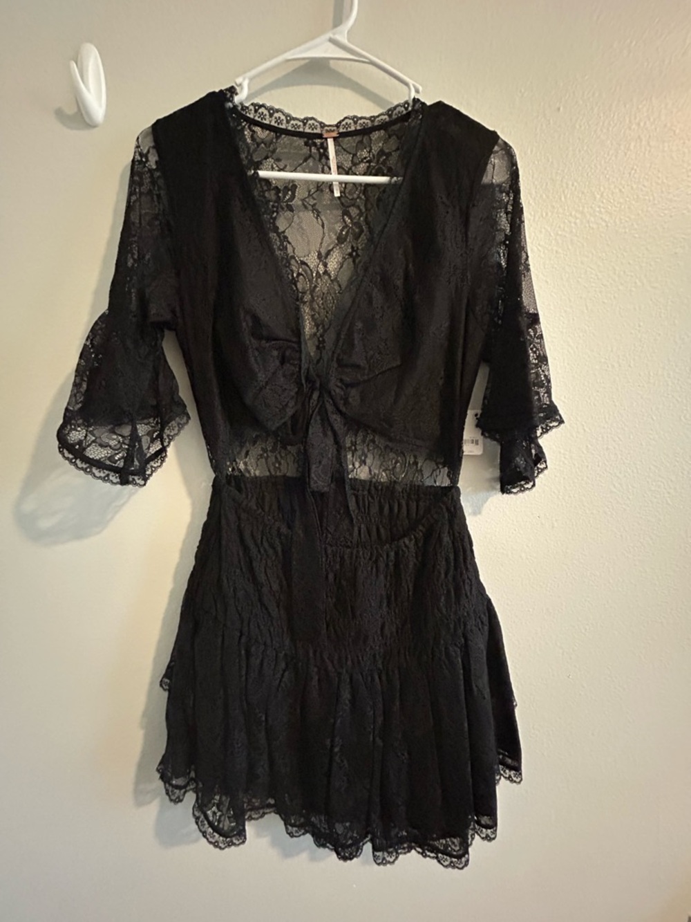 Free People Black Lace Tie-Front Mini Dress